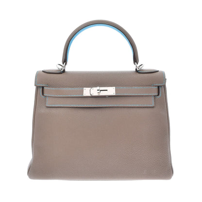 Hermes Kelly 28 Inseam Etoupe/Blue Aztic Palladium Metal Fittings N Engraved (around 2010) Ladies Togo Bag