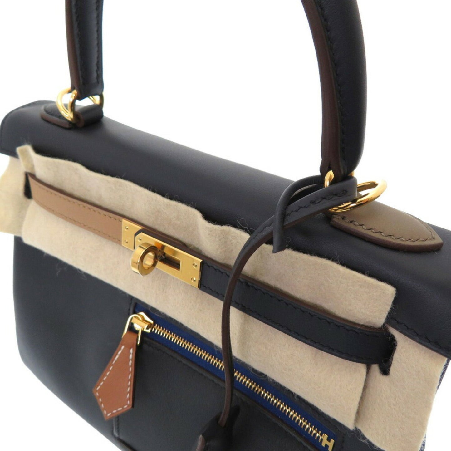 Hermes Kelly 25 Colormatic Swift Blue/Black/Chai/Etoupe/Gold U Engraved () HandBag