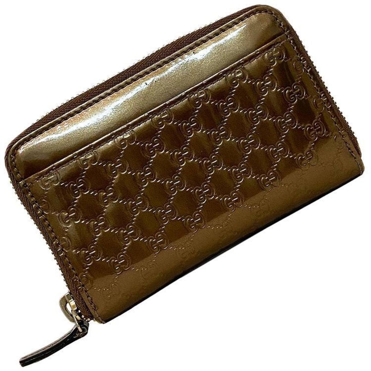 Gucci Coin Case Bronze Gold Micro Shima 256810 Patent Leather Gucci Brown Purse Card Pocket GG Round