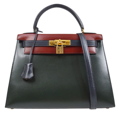 Hermes 1992 Kelly 28 SELLIER Tricolor Box calf