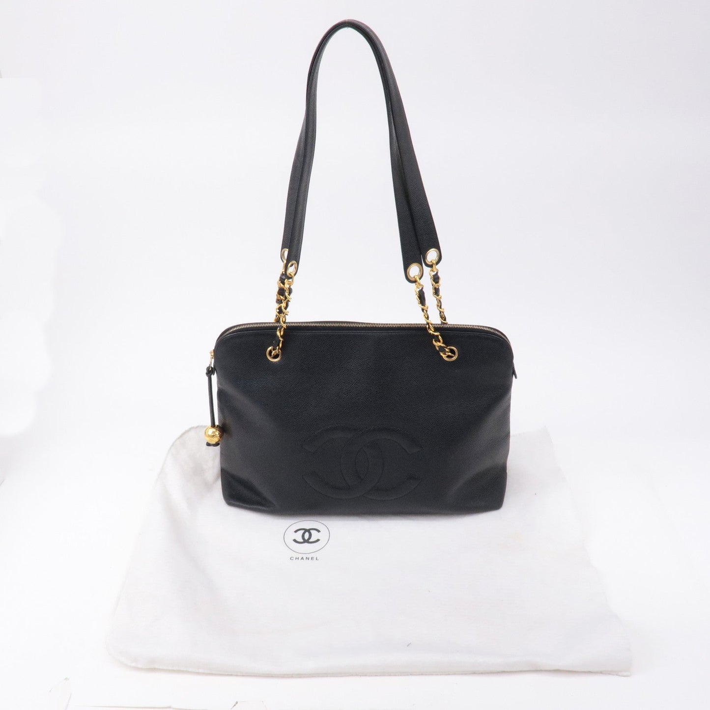 Chanel Caviar Skin Chain Tote Bag Black Gold Hardware A03578