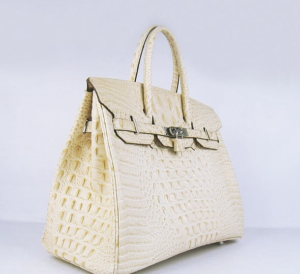 Hermes Birkin 35cm Crocodile Head Veins Handbags Beige Silver