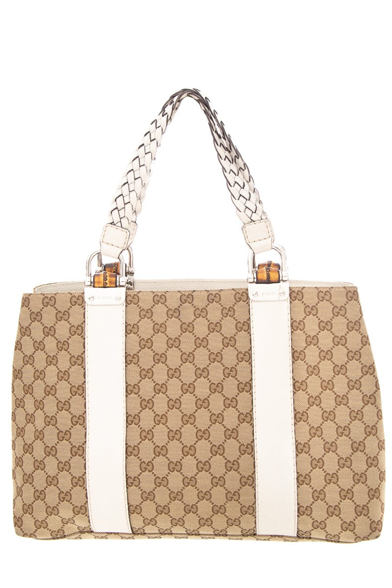 Gucci Brown & White Canvas Supreme Braided Handle Tote