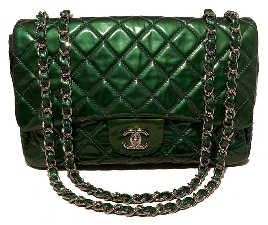 RARE Chanel Metallic Green Patent Leather Jumbo Classic Flap