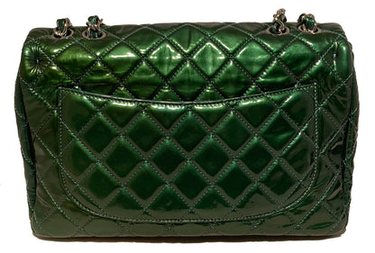 RARE Chanel Metallic Green Patent Leather Jumbo Classic Flap