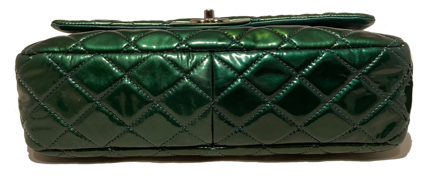 RARE Chanel Metallic Green Patent Leather Jumbo Classic Flap