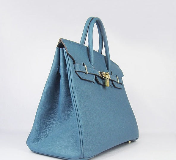 Hermes Birkin 35cm Cattle Skin Vein Handbags Blue Golden