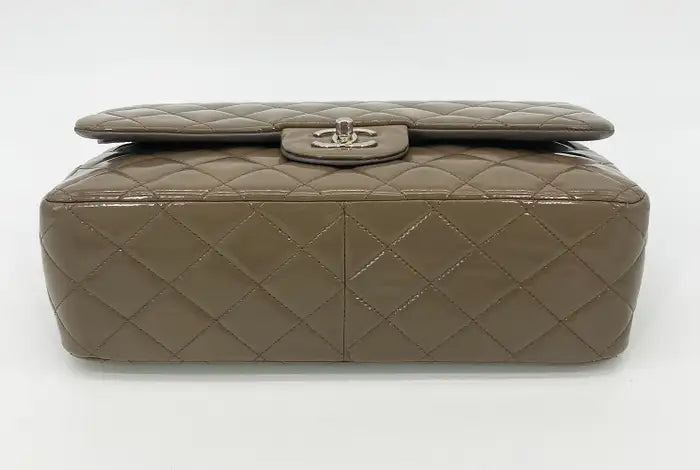 Chanel Olive Grey Patent Leather Jumbo Double Flap Classic 2.55