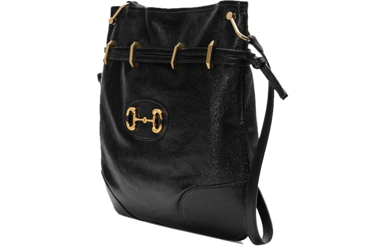 (WMNS) GUCCI Horsebit 1955 Retro Gold buckle Leather Drawstring Shoulder Messenger Bag Black 602089-1IV0G-1000