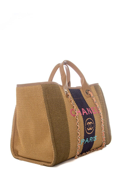 Chanel Raffia Large Striped Deauville with Dark Beige, Navy and Fuchsia accents