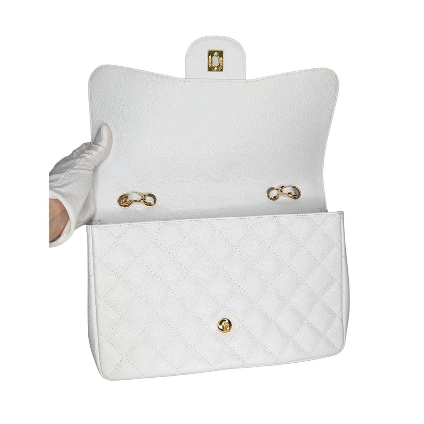 Chanel Vintage Classic Quilted Caviar Single White Jumbo Flap