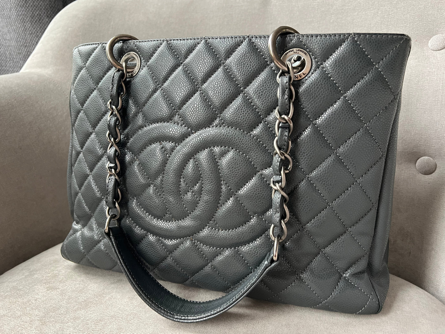 Chanel Grey Caviar Grand Shopper Tote (GST) Silver Hardware