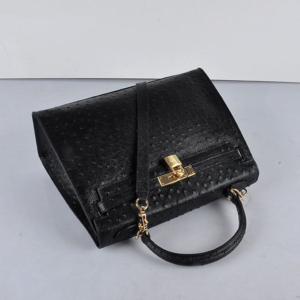 Hermes Kelly 32cm Ostrich Vein 6108 Black Golden