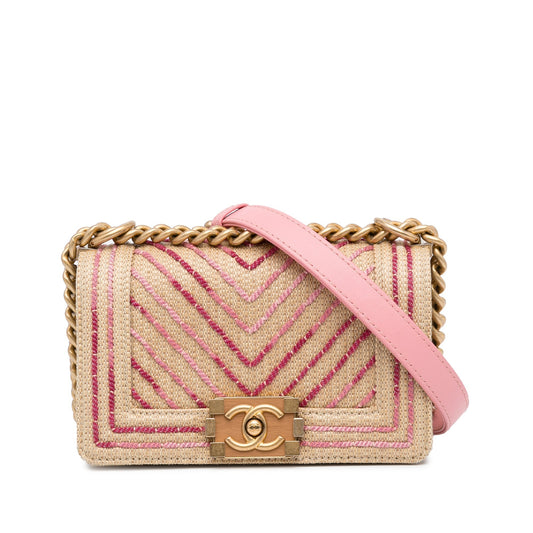 Chanel Boy Small Pink Raffia Gold