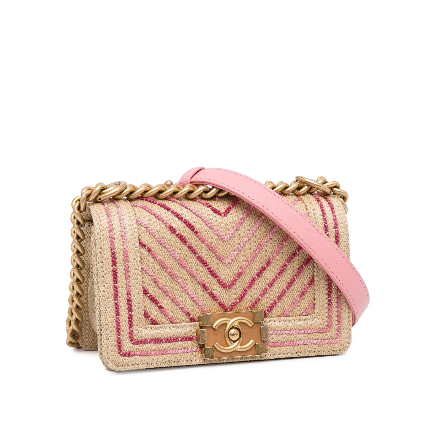 Chanel Boy Small Pink Raffia Gold