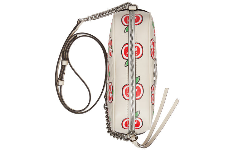 (WMNS) GUCCI GG Marmont Silver Logo Apple Pattern Leather Chain Shoulder Messenger Bag Small White / Red Valentine's Day limited 447632-1W9AN-9086