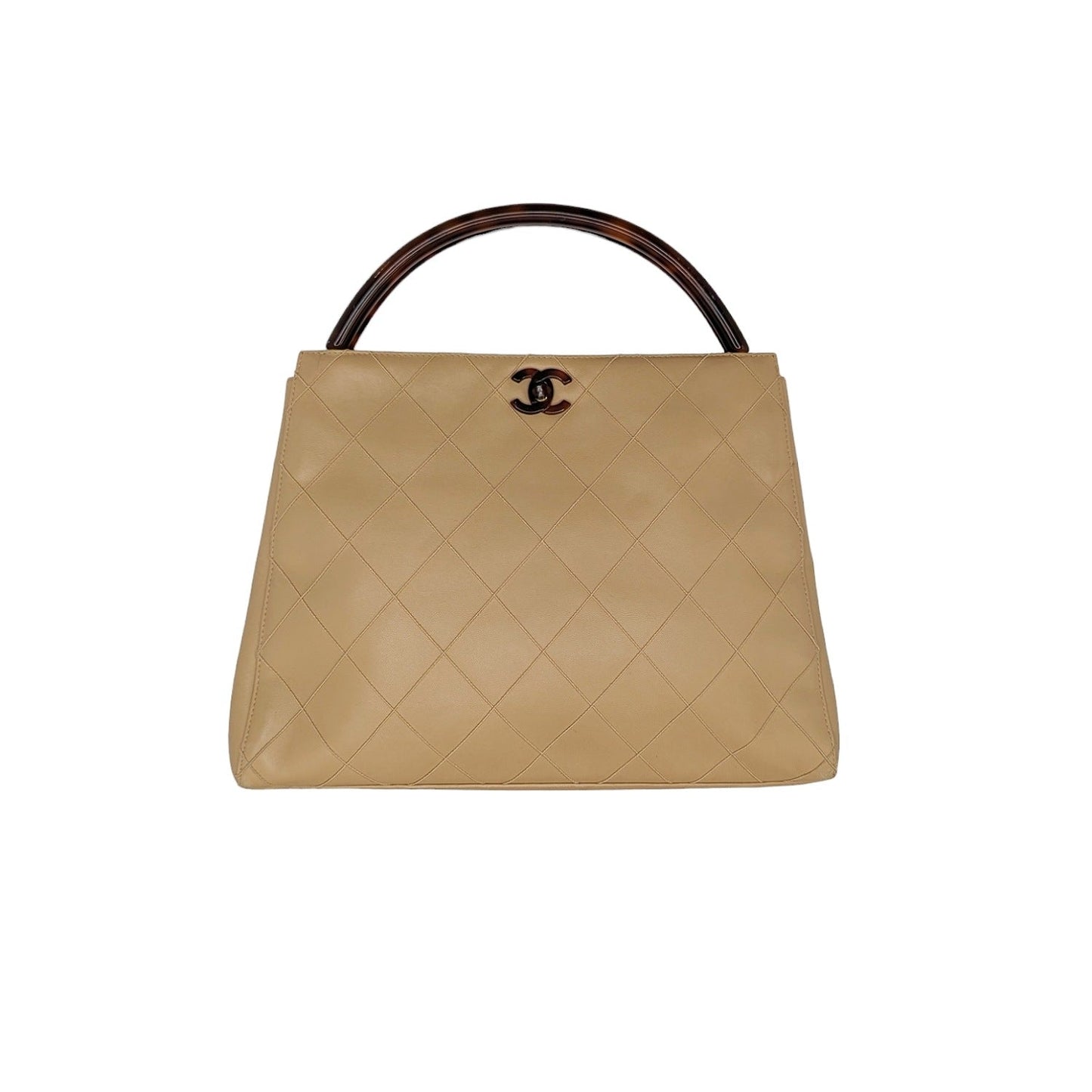 Chanel Vintage Beige Quilted Tortoise Motif Handle Bag