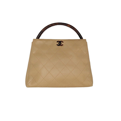 Chanel Vintage Beige Quilted Tortoise Motif Handle Bag