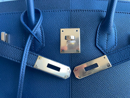 Hermes Birkin Bag 30 in Blue Indigo and Black Epsom Leather with Gold Hardware