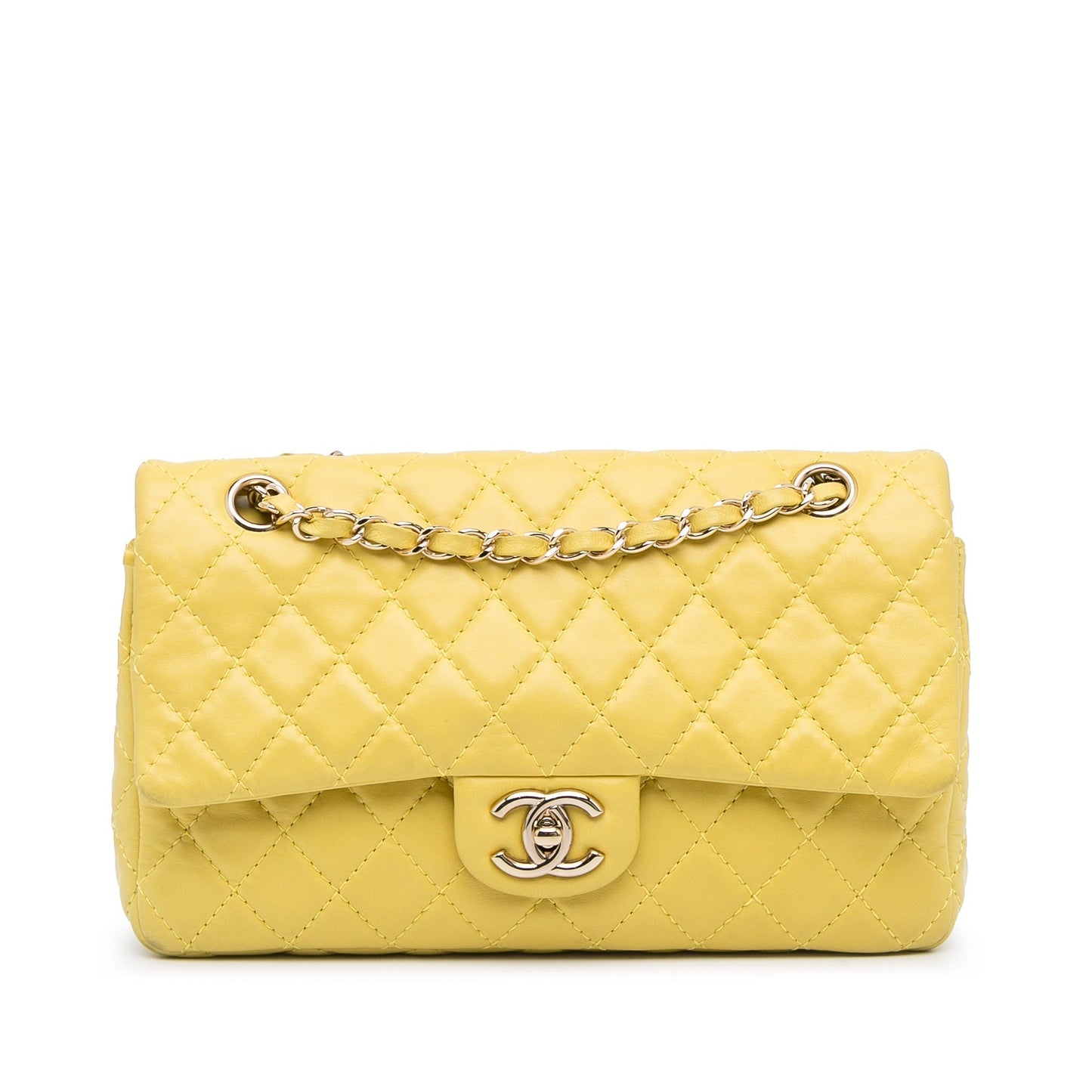 Chanel Classic Double Flap Medium Yellow Lambskin Silver