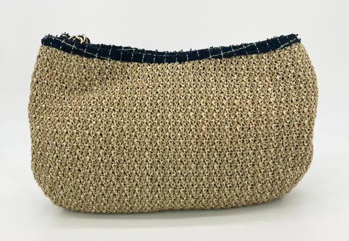 Chanel Woven Tan Rattan Straw Wool Trim Camellia Flower Shoulder Bag