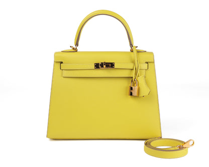 Hermes 25cm Lime Yellow Epsom Sellier Kelly w/ Gold Hardware