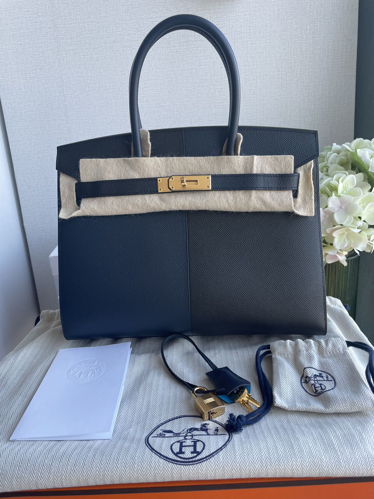 Hermes Birkin Bag 30 in Blue Indigo and Black Epsom Leather with Gold Hardware