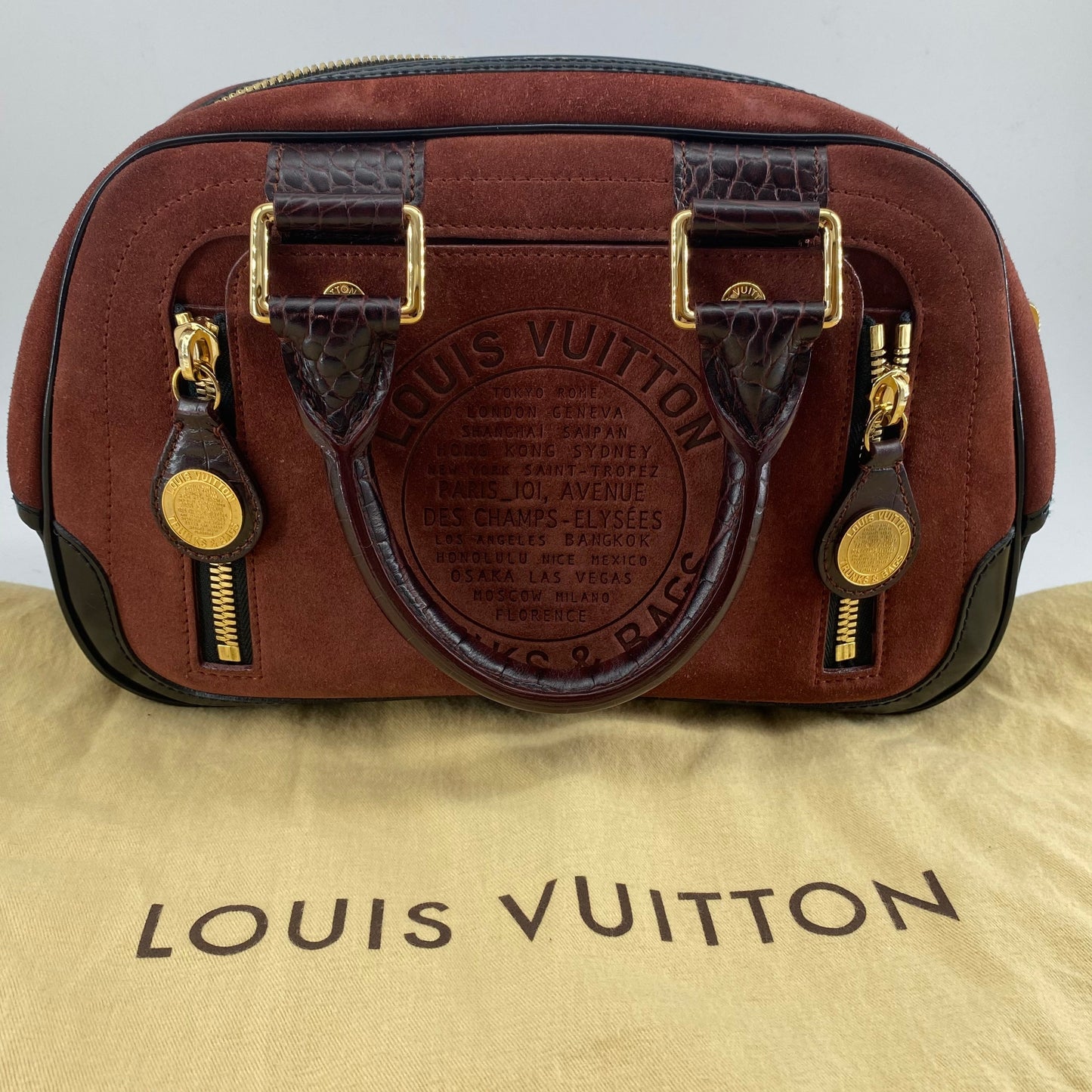 Louis Vuitton  Havane brown suede stamped trunk PM Boston speedy