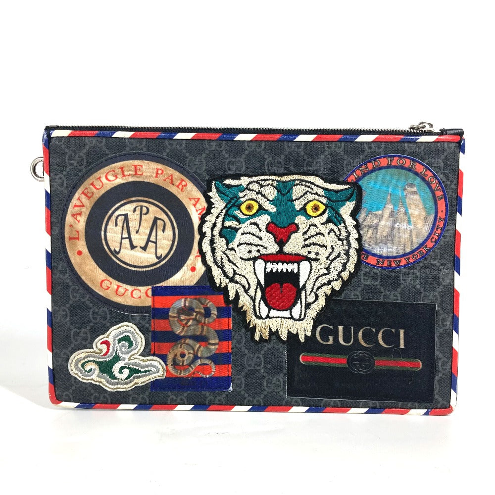 GUCCI Clutch bag 496346 GG Supreme Canvas gray Tiger Cat Patch night courier mens Used