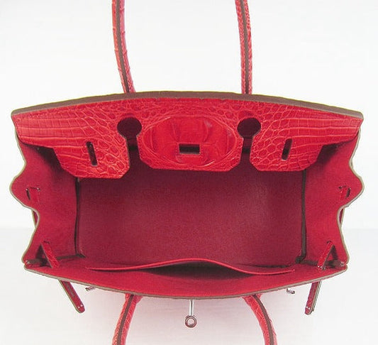 Hermes Birkin 30cm Crocodile Head Vein Handbags Red Silver