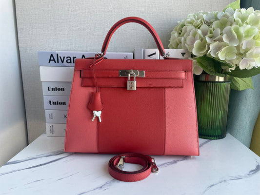 Hermes Kelly 32cm Bag Sellier Flag in Flamingo and Coral Epsom Leather with Palladium Hardware