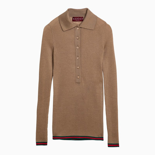 Gucci Camel Cashmere Long-Sleeved Polo Shirt Women