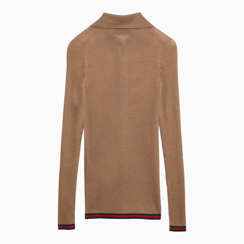 Gucci Camel Cashmere Long-Sleeved Polo Shirt Women