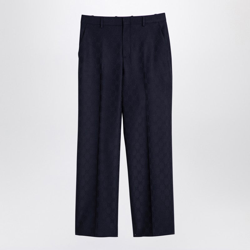 Gucci Blue Wool Trousers With Gg Pattern Women