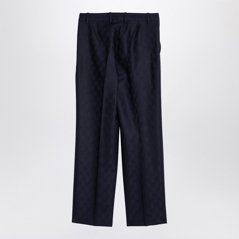 Gucci Blue Wool Trousers With Gg Pattern Women