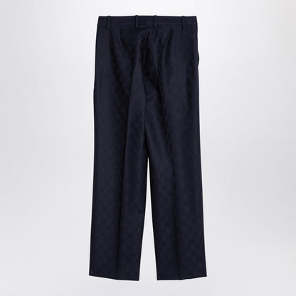 Gucci Blue Wool Trousers With Gg Pattern Women