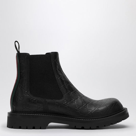 Gucci Black Leather Ankle Boot With Web Detail Men