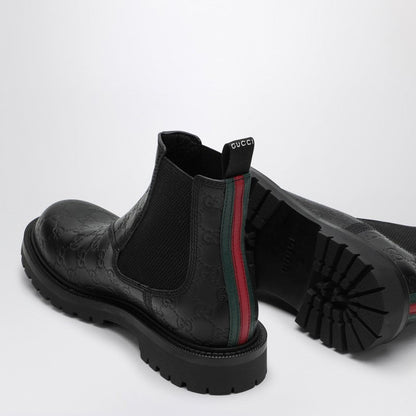 Gucci Black Leather Ankle Boot With Web Detail Men