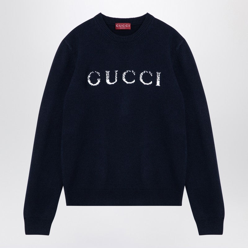 Gucci Blue Wool Jumper With Logo Inlay Men