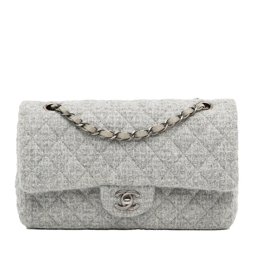 Chanel Classic Double Flap Medium Grey Tweed Silver