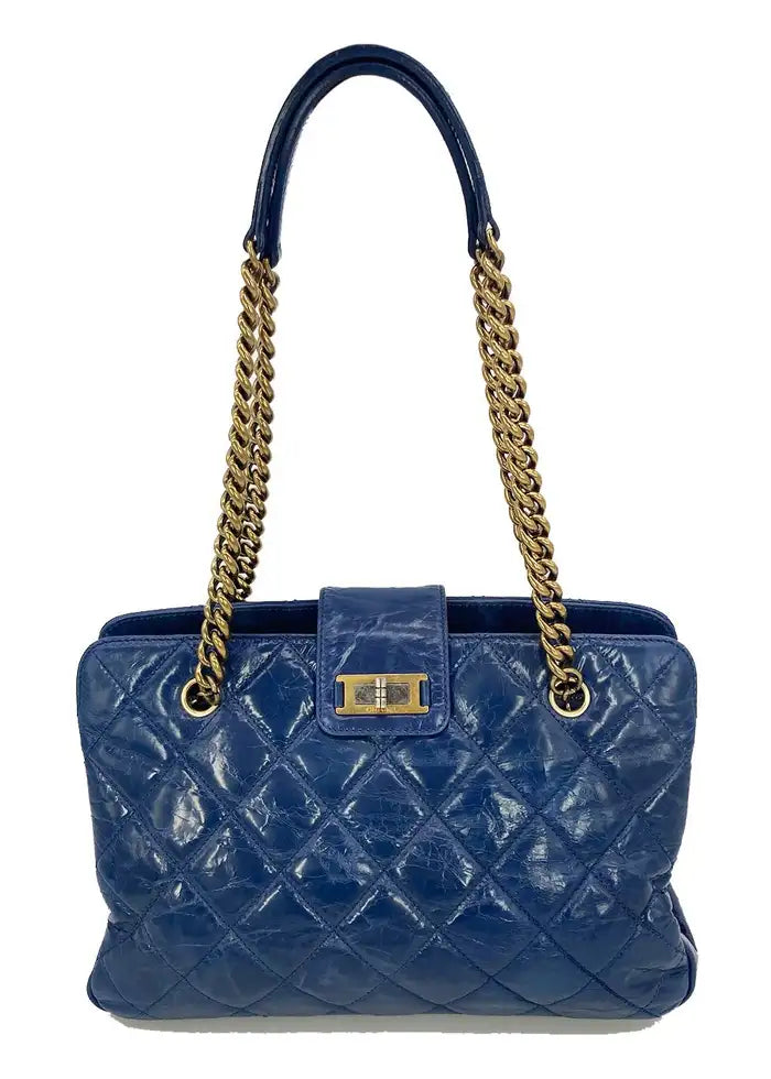 Chanel Blue Glazed Calfskin Quilted Tote Bag