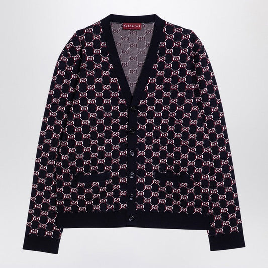 Gucci Blue Cardigan With Gg Shadow Jacquard Men