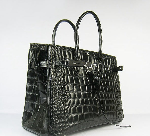 Hermes Birkin 35cm Crocodile Big Veins Handbags Black Silver