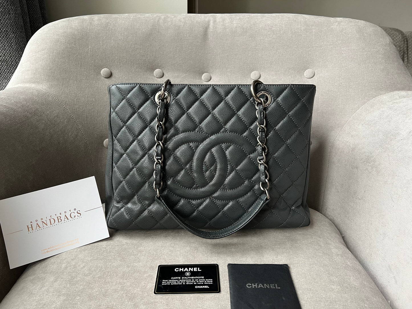 Chanel Grey Caviar Grand Shopper Tote (GST) Silver Hardware