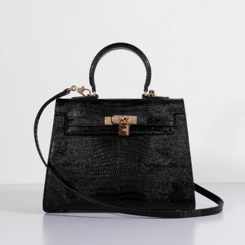 Hermes Kelly 25cm Lizard Leather Bag Black Gold