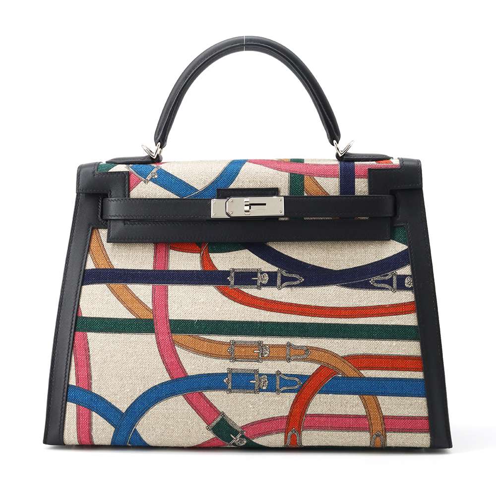 Hermes Kelly Cavalcadur Multicolor/Black Toile de Camp Swift Leather Size 32