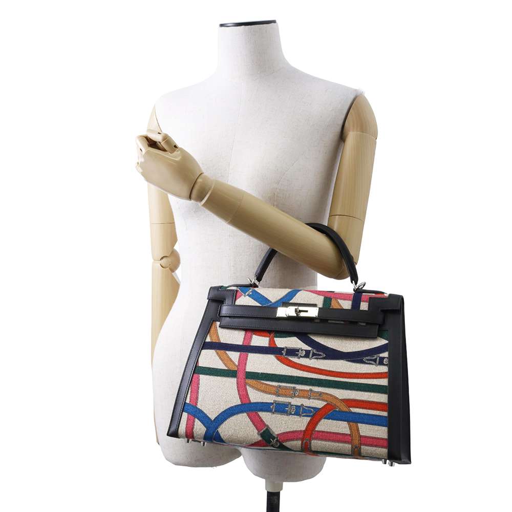 Hermes Kelly Cavalcadur Multicolor/Black Toile de Camp Swift Leather Size 32