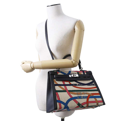 Hermes Kelly Cavalcadur Multicolor/Black Toile de Camp Swift Leather Size 32