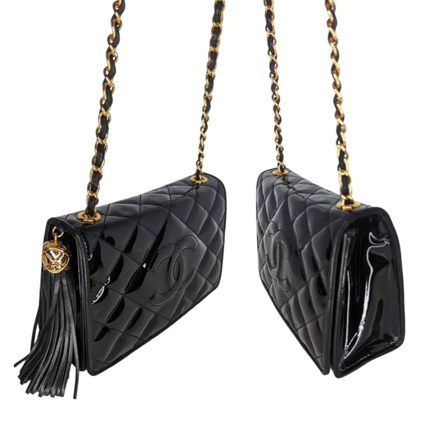 Chanel Vintage Patent Leather Quilted CC Tassel Flap Bag