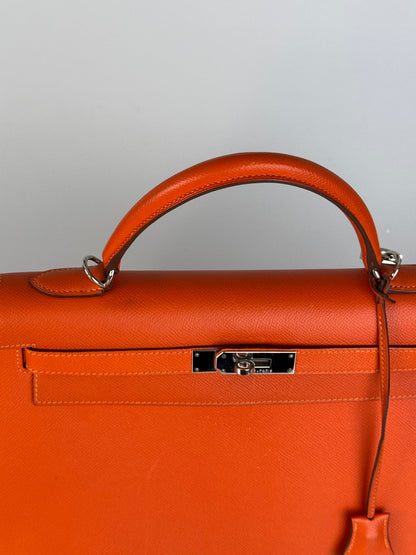 Hermes Kelly Sellier Orange Epsom Leather Bag Silver Hardware